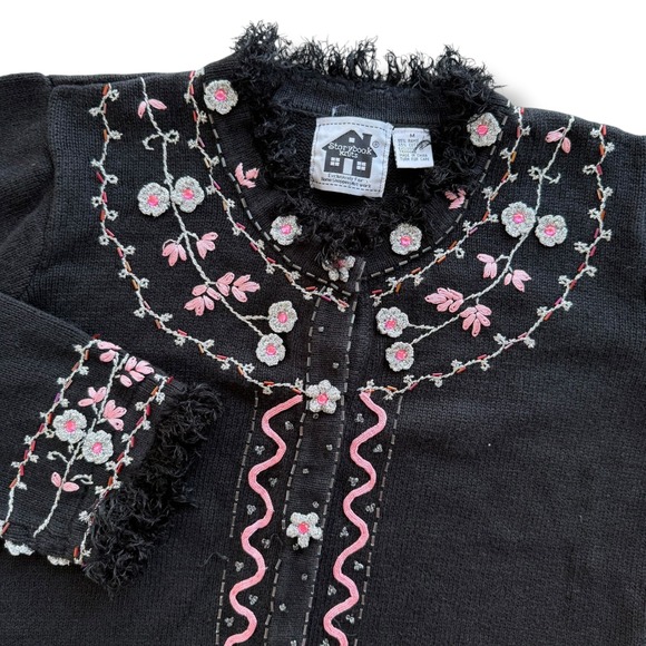 Storybook Knits Sweaters - Storybook Knits Vintage M Black Floral Beads Fringe Cardigan Sweater Cottagecore